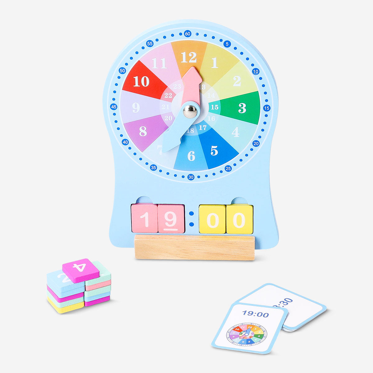 Wooden teaching clock toy by Flying Tiger Copenhagen, featuring movable hour and minute hands for educational time-telling.