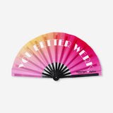 Flying Tiger Copenhagen Clack fan with strap, textile accessory inspired by RuPaul's Drag Race, featuring vibrant colors and playful design.