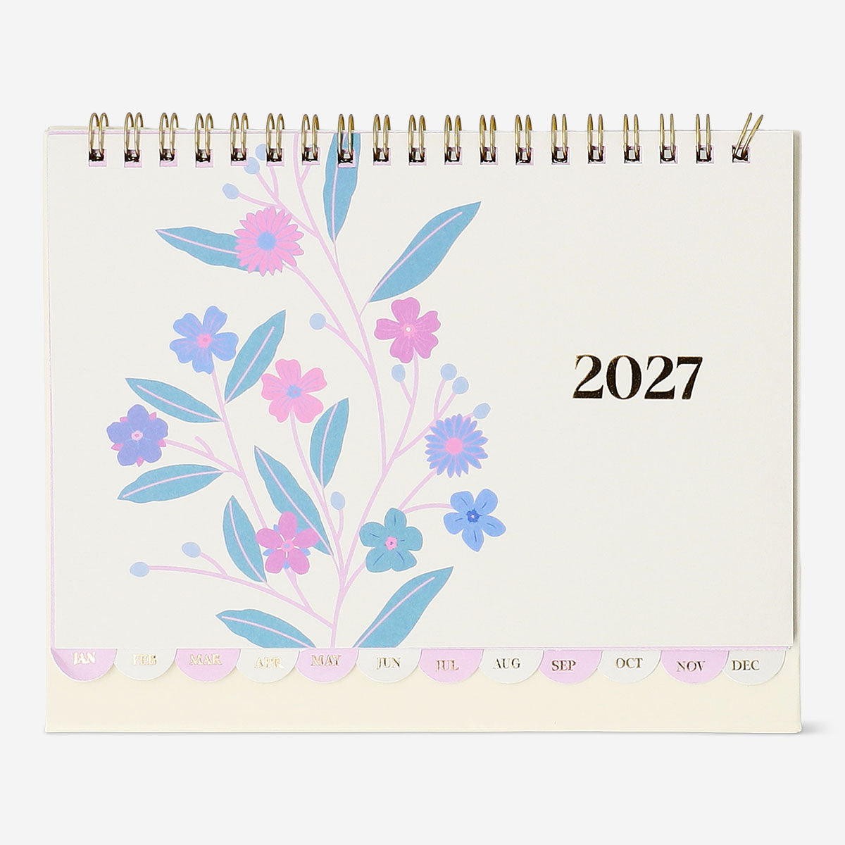 Monthly floral desk calendar for 2027 by Flying Tiger Copenhagen, featuring colorful floral designs and sticker accents for office use.