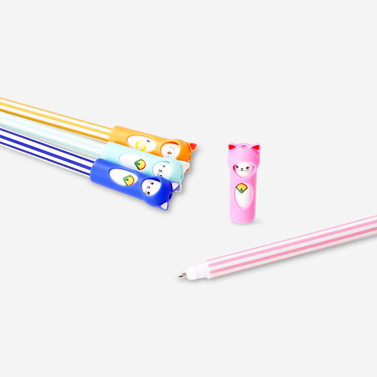 Set of four Flying Tiger Copenhagen gel pens with cute lucky cat toppers, ideal for office or school use.