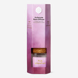 Reed diffuser with pink grapefruit fragrance in a 50 ml glass bottle by Flying Tiger Copenhagen, displayed on a wooden surface.