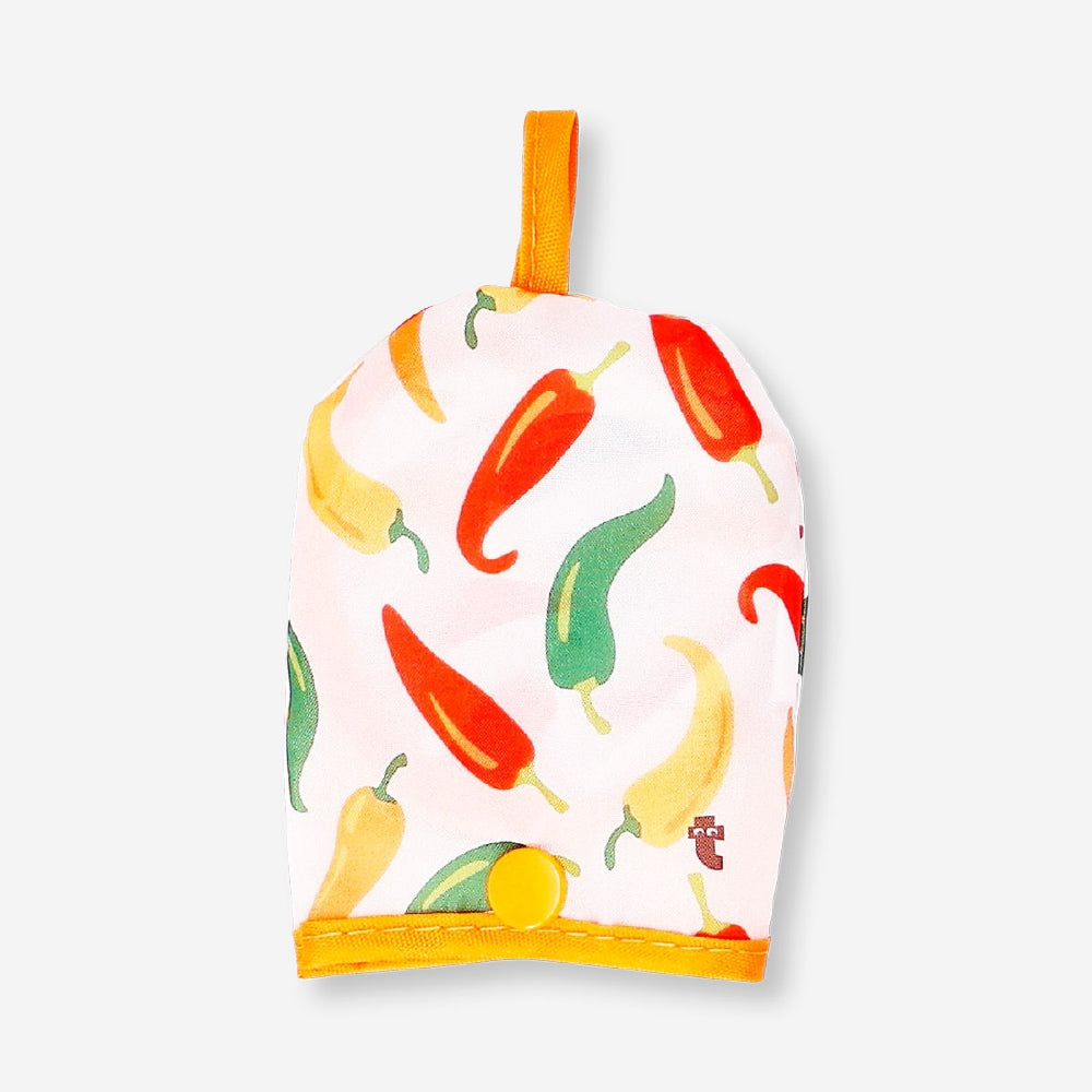 Foldable textile fan with chilli print by Flying Tiger Copenhagen, showing a colorful, portable fan design with vibrant chili motifs.