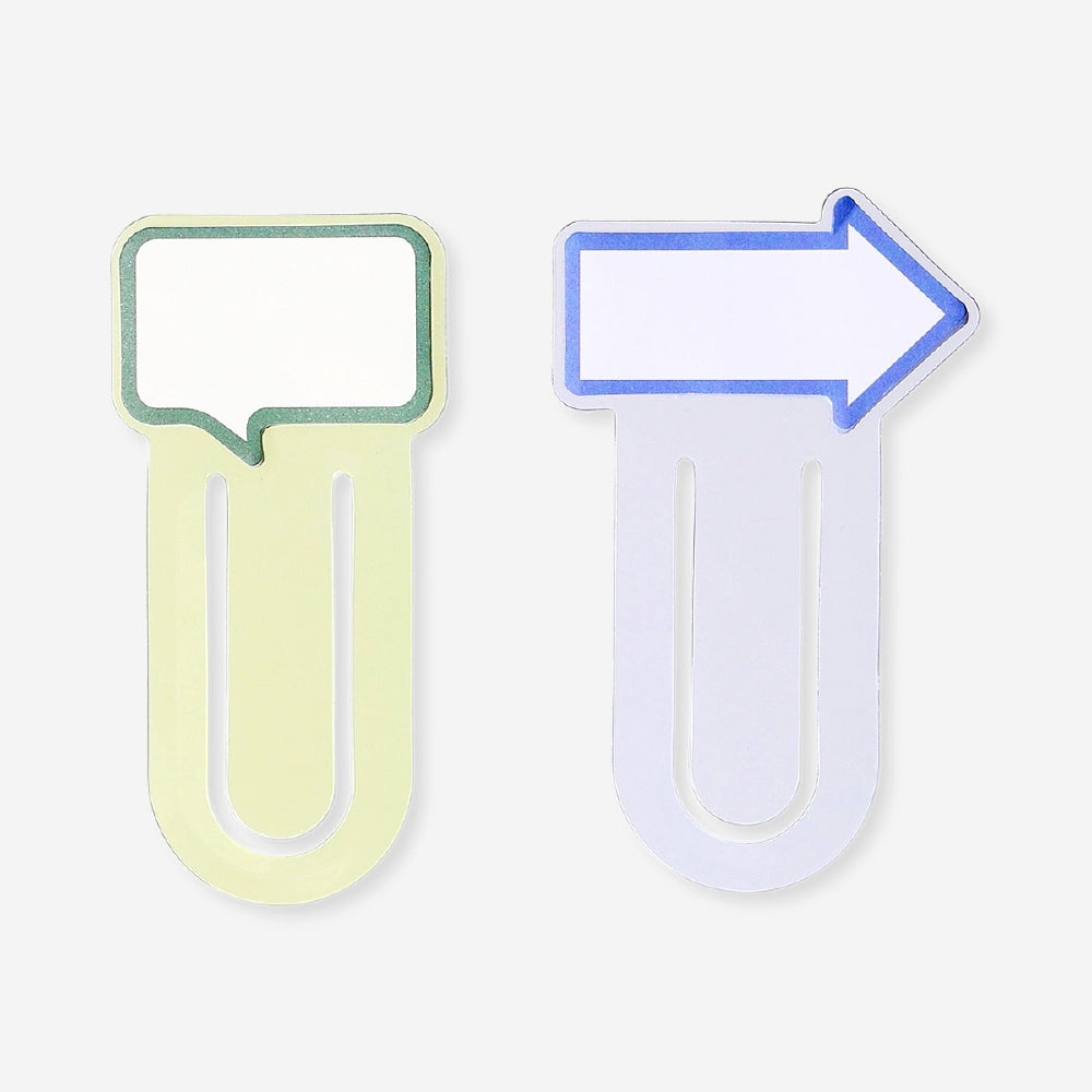 Set of two Flying Tiger Copenhagen office paper clips with sticky memos for organizing and marking documents.