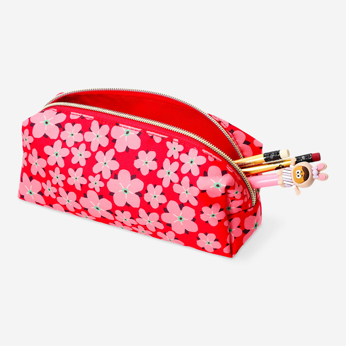 Red floral pencil case from Flying Tiger Copenhagen, designed for office supplies storage with colorful flower pattern.