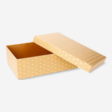 Brown office gift box with gold hearts, 28x20x9 cm, from Flying Tiger Copenhagen, featuring a decorative design on the lid.