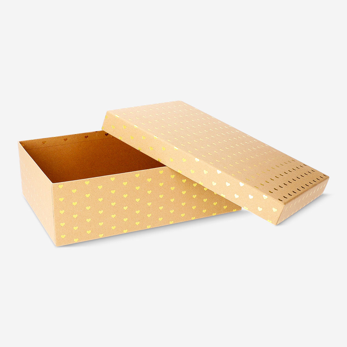 Brown office gift box with gold hearts, 28x20x9 cm, from Flying Tiger Copenhagen, featuring a decorative design on the lid.