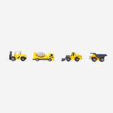 Set of four Flying Tiger Copenhagen construction vehicle toys with friction function, including dump trucks, bulldozers, and excavators.