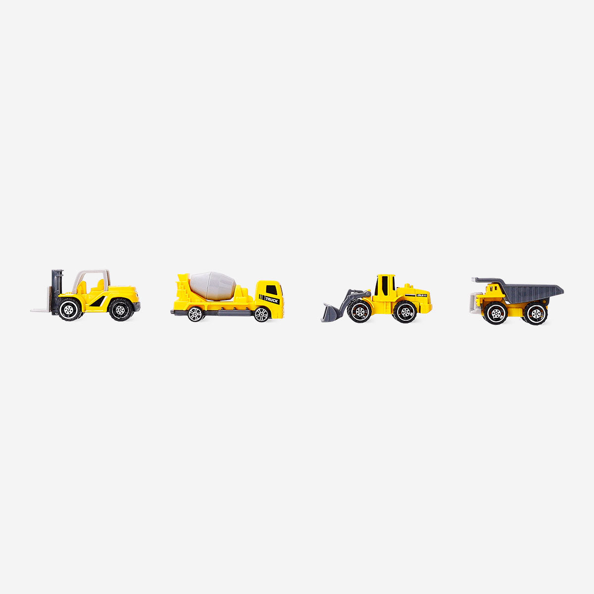 Set of four Flying Tiger Copenhagen construction vehicle toys with friction function, including dump trucks, bulldozers, and excavators.