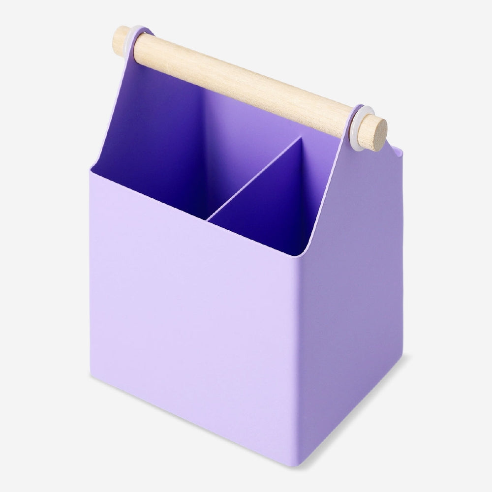 Purple metal desk organiser for office use, with compartments for pens, stationery, and small accessories, by Flying Tiger Copenhagen.
