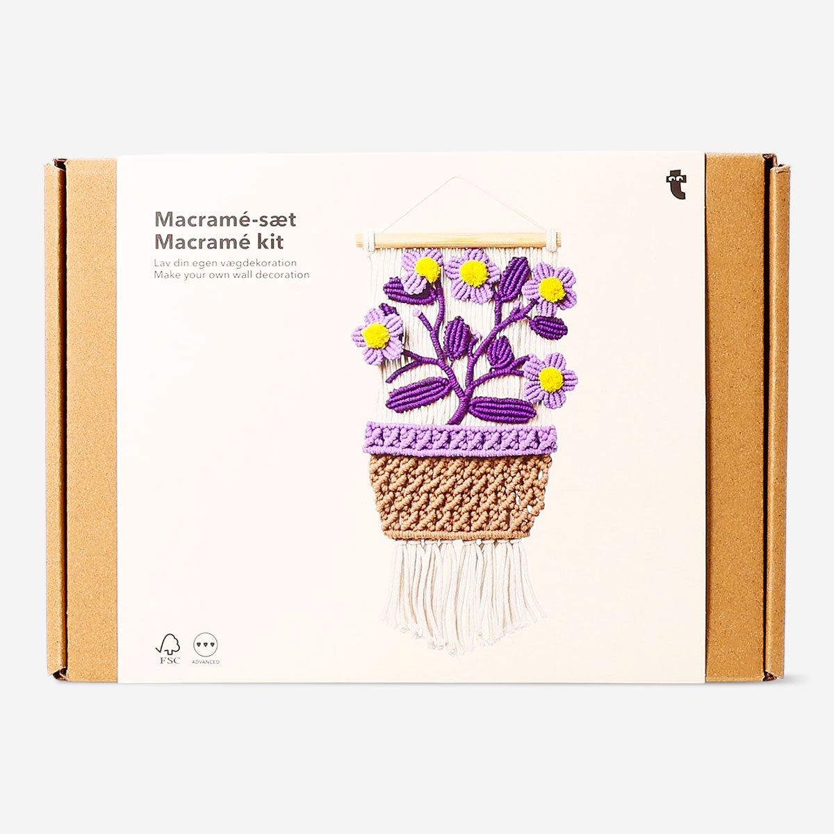 Flying Tiger Copenhagen macramé kit with floral design for hanging wall decor, perfect for hobby craft projects.