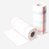 Set of two Flying Tiger Copenhagen kitchen paper towels with colorful printed designs, displayed with towels partially folded.