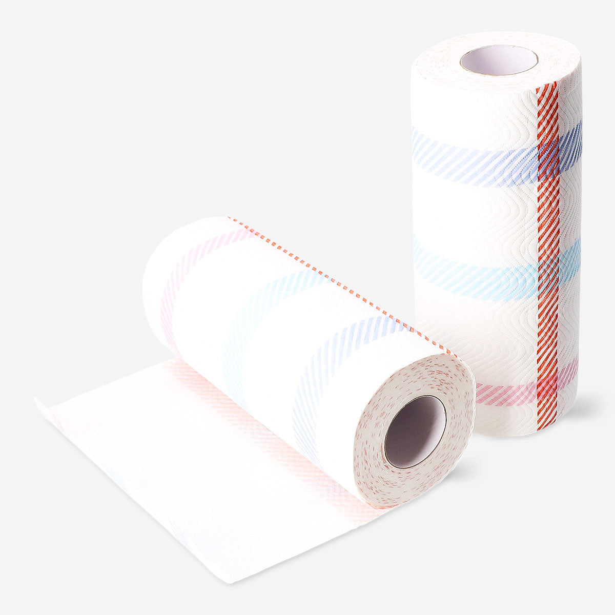 Set of two Flying Tiger Copenhagen kitchen paper towels with colorful printed designs, displayed with towels partially folded.