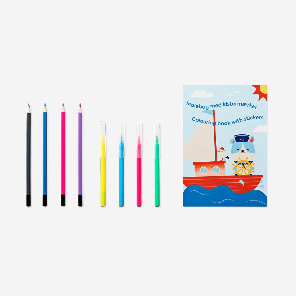 Travel colouring kit in suitcase by Flying Tiger Copenhagen, featuring colored pencils, markers, and drawing supplies for on-the-go creativity.