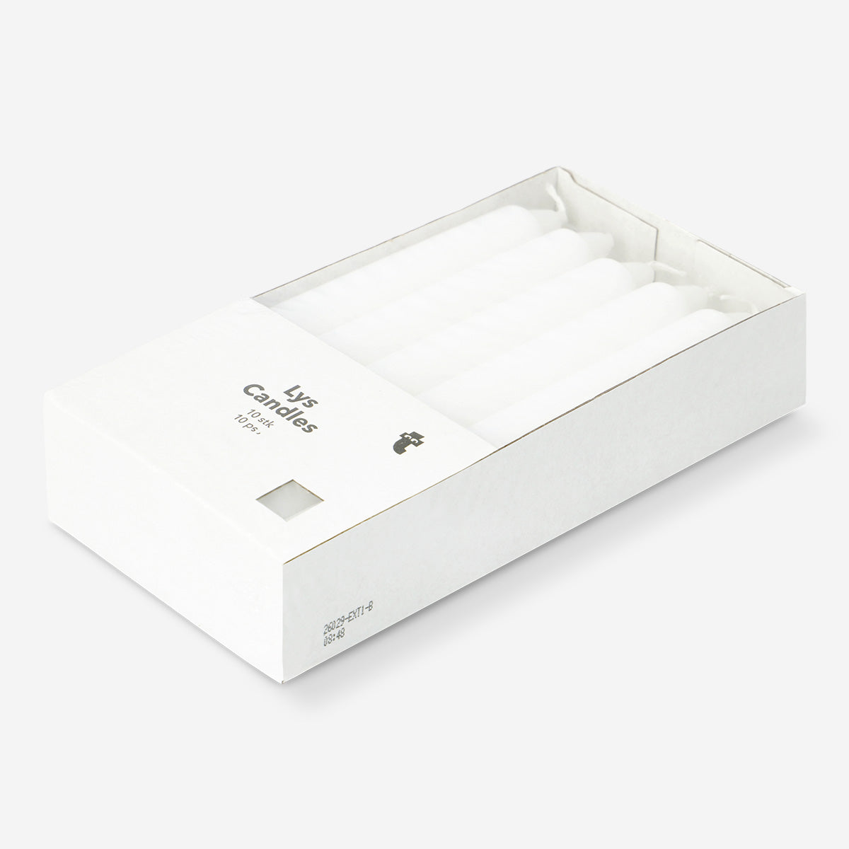 Set of 10 white dinner candles from Flying Tiger Copenhagen, arranged on a table for home dining ambiance.