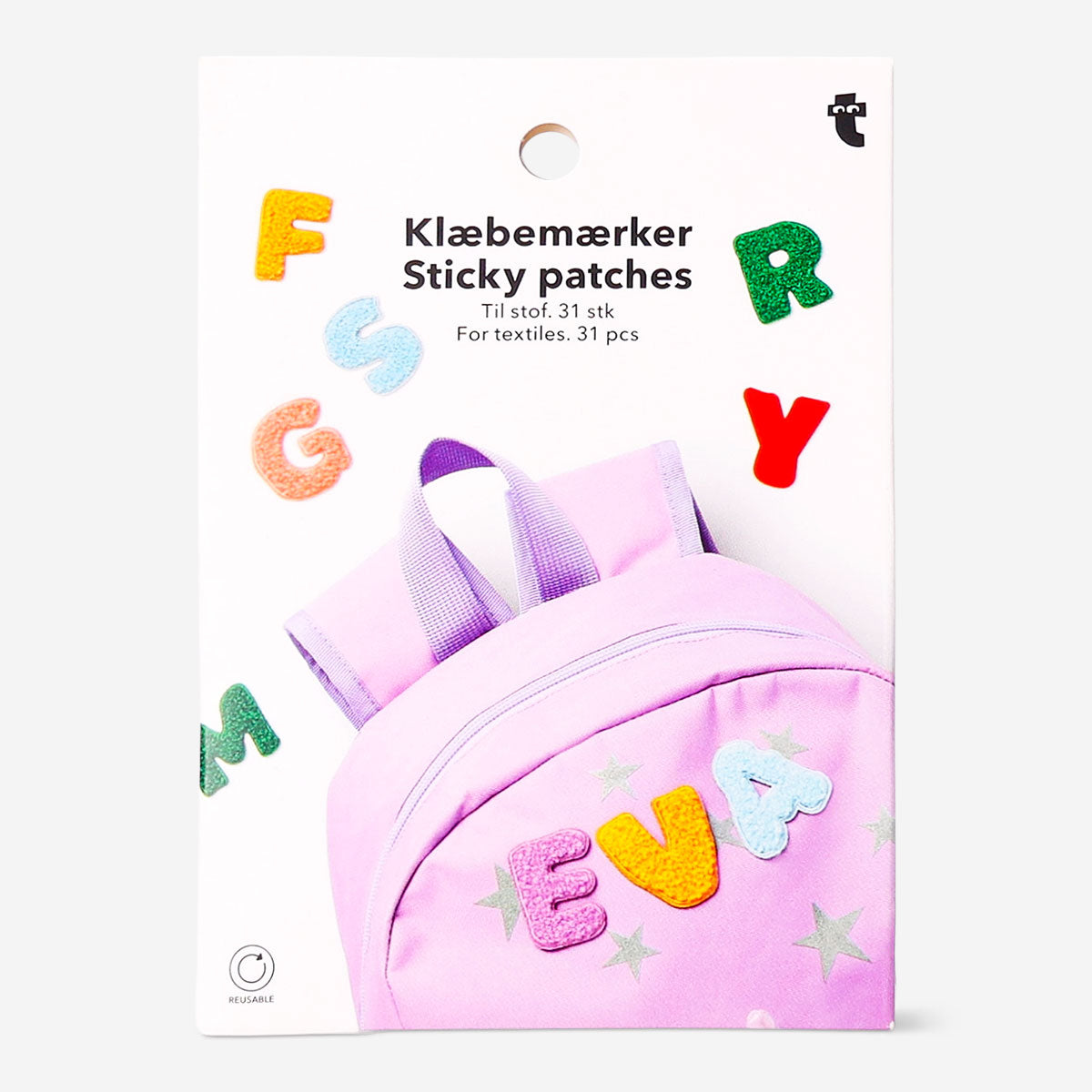 Set of 31 colorful sticky letter patches for textiles from Flying Tiger Copenhagen, suitable for craft and hobby projects.