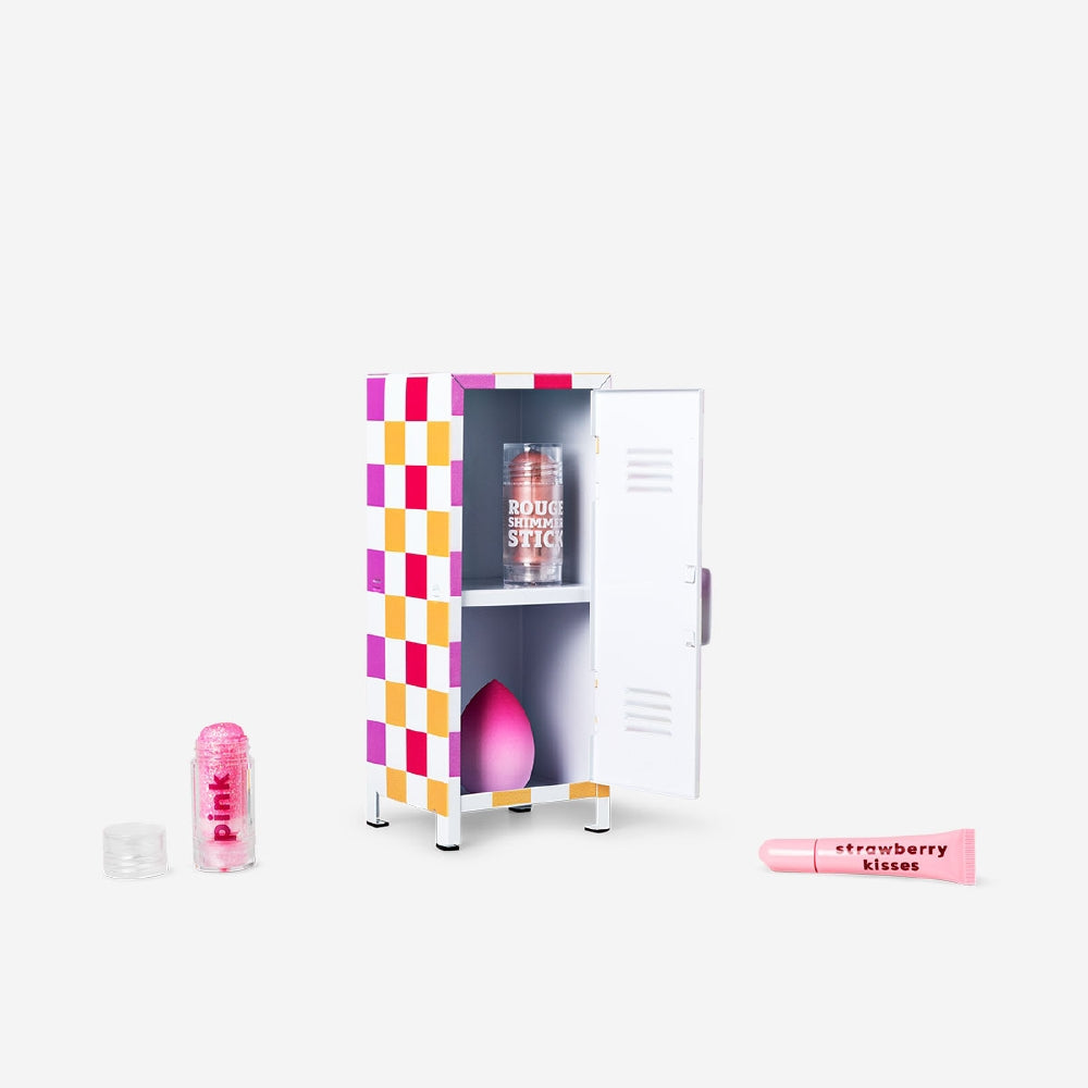 Checkered mini locker gadget from RuPaul's Drag Race x Flying Tiger Copenhagen, 26 cm, with black and white checkered pattern.