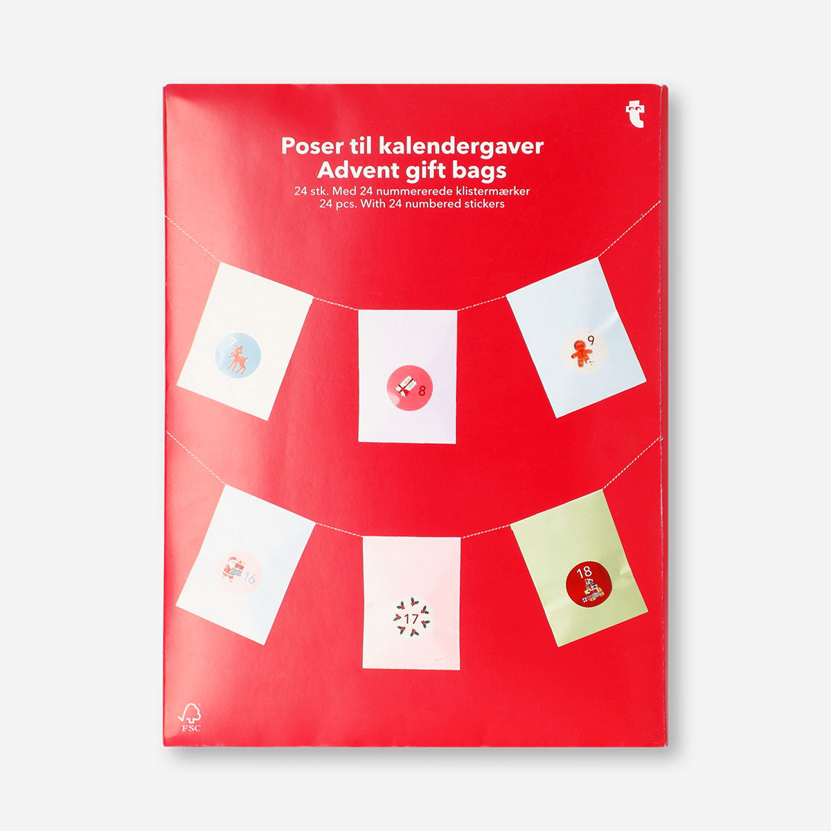 Set of 24 Flying Tiger Copenhagen office advent gift bags with numbered stickers for holiday wrapping and gift organization.