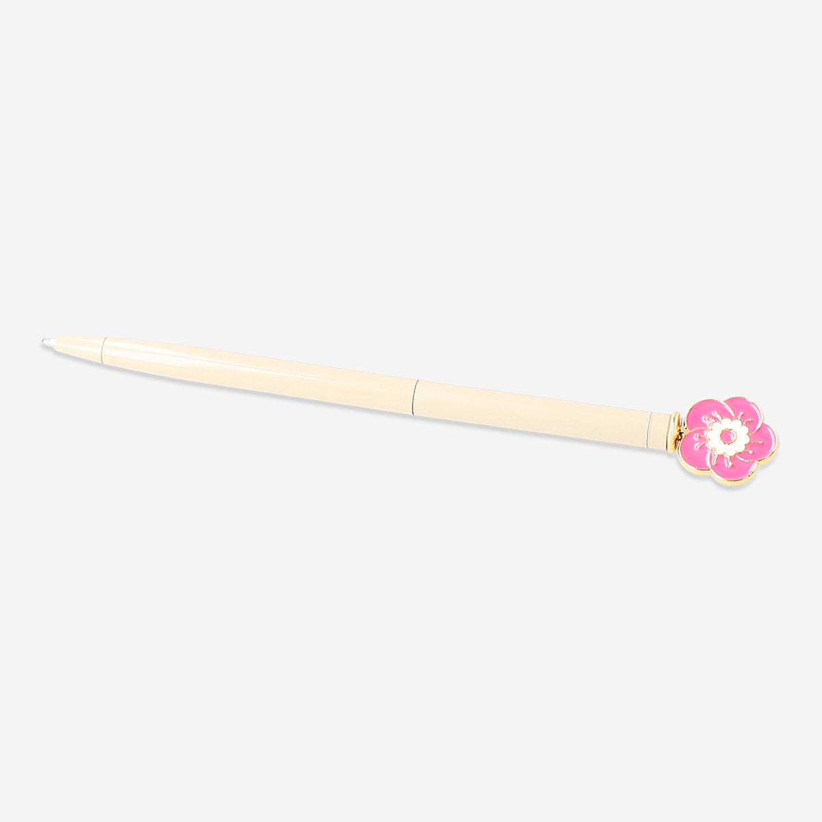 Pink flower topper on a Flying Tiger Copenhagen ballpoint pen, ideal for office use with a colorful floral design.