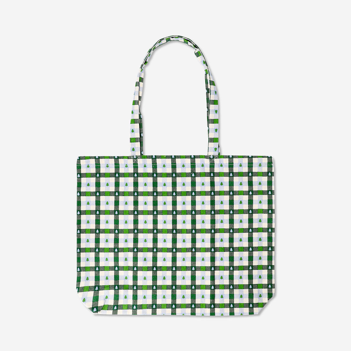 Flying Tiger Copenhagen tote bag with Christmas tree check pattern, textile material, festive holiday design, and sturdy handles.
