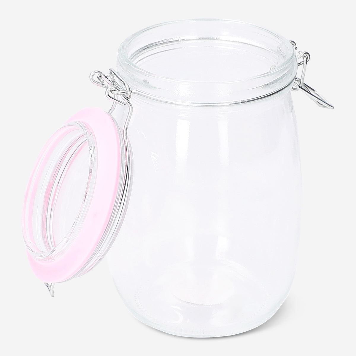 Glass jar with blue rim, 22 cm tall, suitable for kitchen storage, by Flying Tiger Copenhagen, shown on a clean countertop.