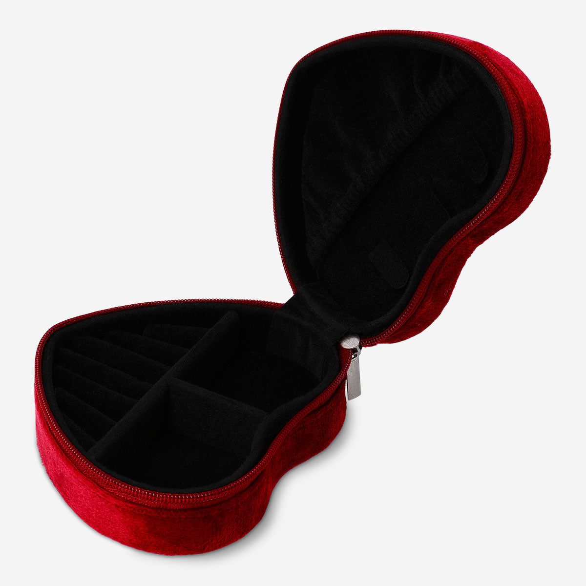 Quilted heart-shaped jewelry box from Flying Tiger Copenhagen, 9x10 cm, with a soft fabric exterior and velvet-lined interior.
