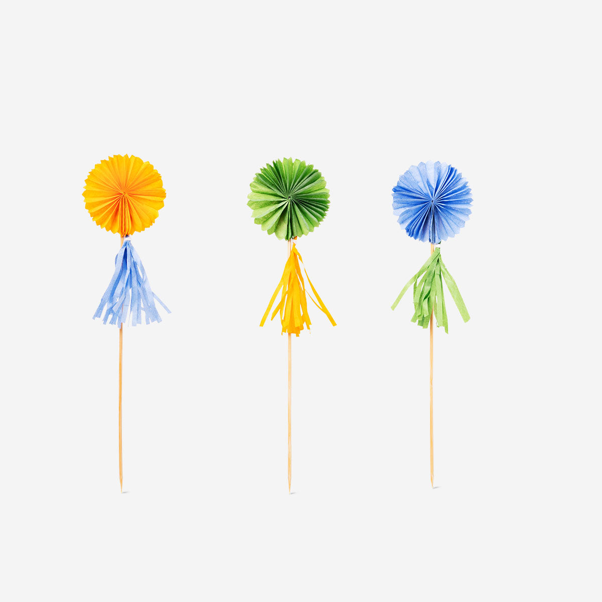 Party food picks with paper fans and tassels, set of 3, colorful decoration by Flying Tiger Copenhagen for celebrations