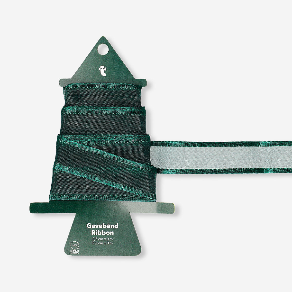 Green organza ribbon from Flying Tiger Copenhagen, 3 meters long, shown spread out on a white background for office craft projects.