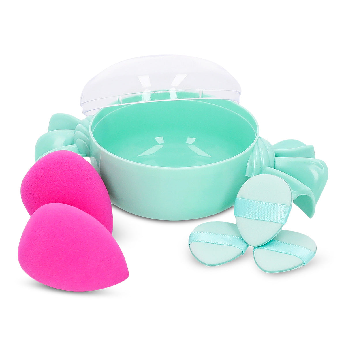 Flying Tiger Copenhagen makeup blender sponges in a hard candy box, ideal for applying foundation and blending makeup smoothly.