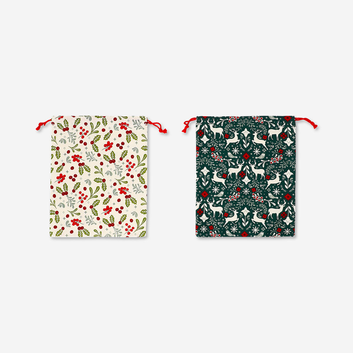 Two Christmas print drawstring gift bags for office use by Flying Tiger Copenhagen, featuring festive holiday designs.
