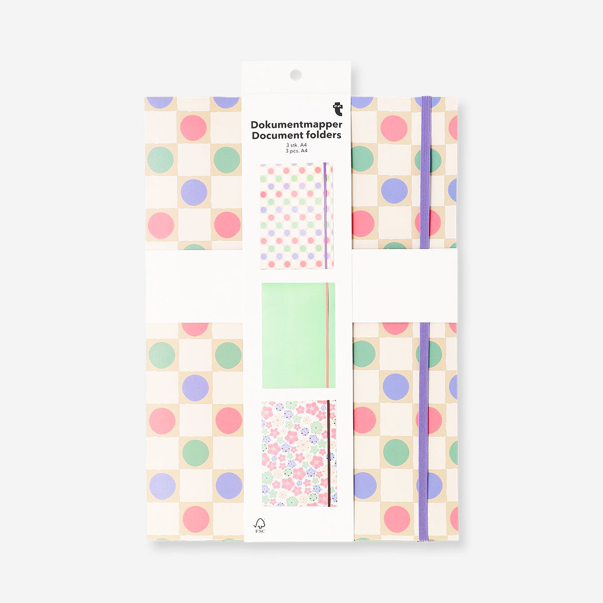 Three Flying Tiger Copenhagen A4 document folders with colorful print designs for office organization.