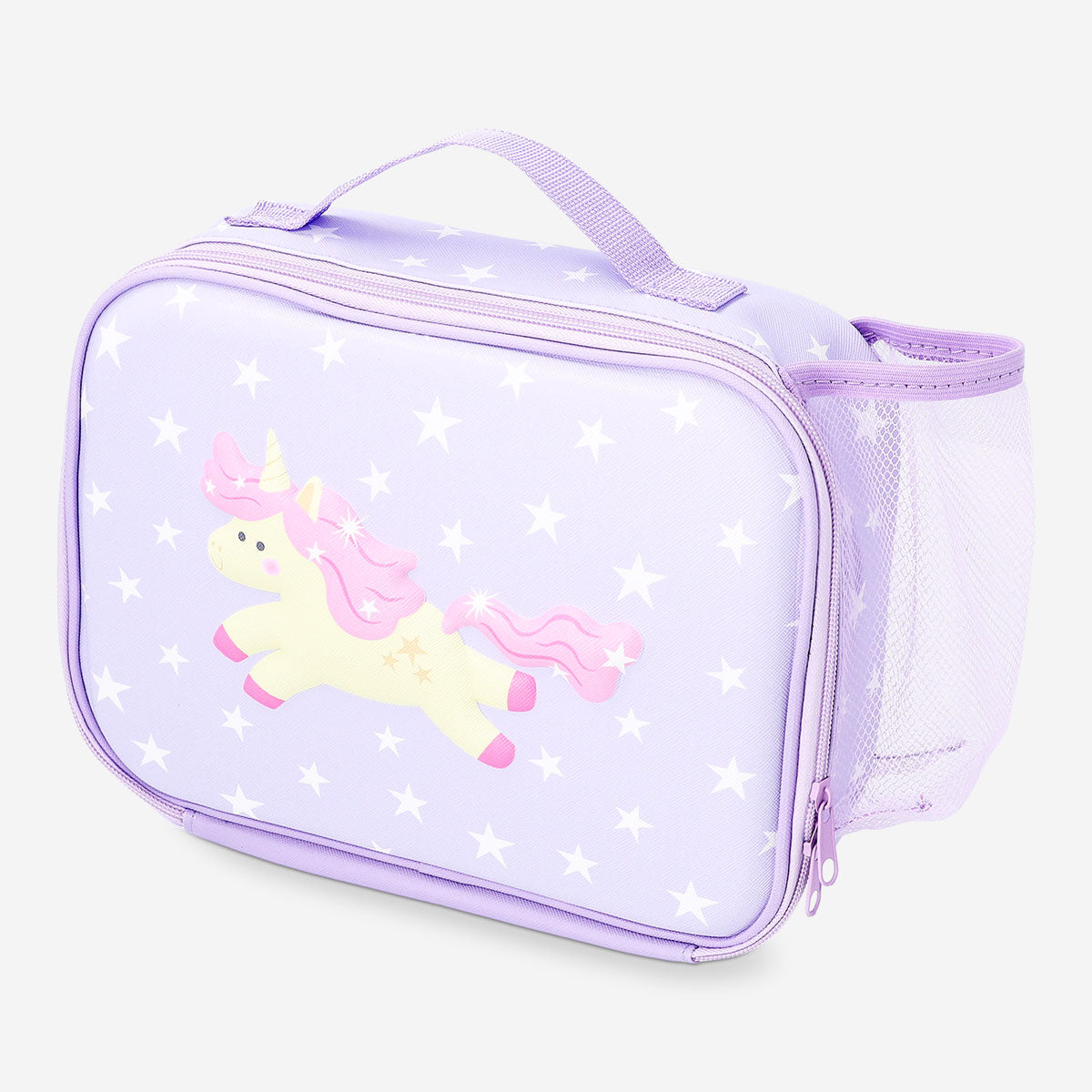 Purple Flying Tiger Copenhagen lunchbox bag with unicorn motif, 19x25 cm, ideal for kids' kitchen storage or lunch transport.