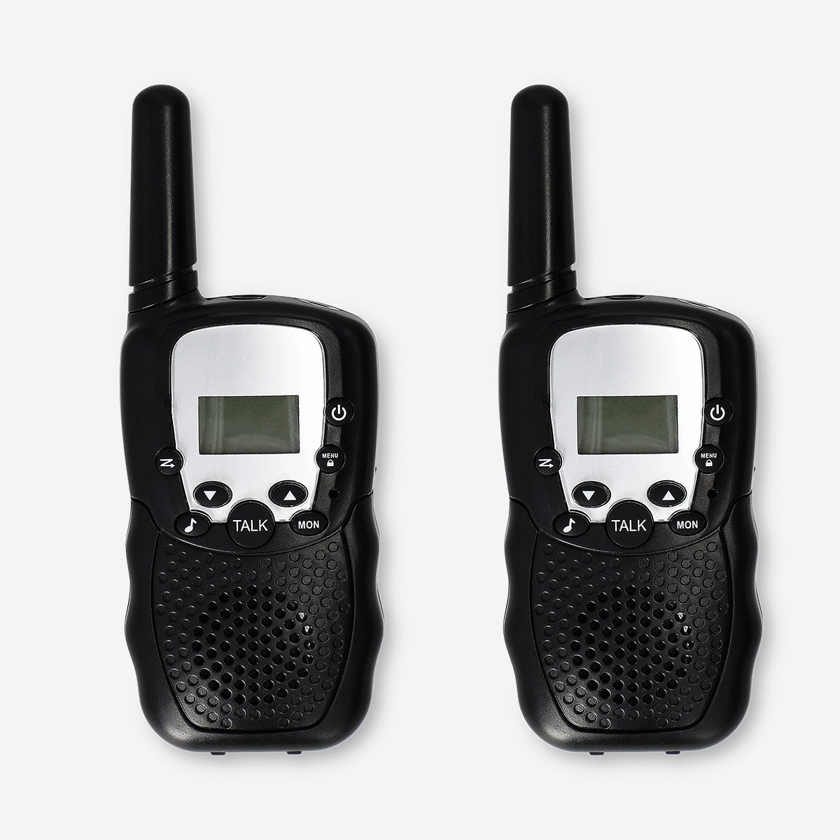 Two Flying Tiger Copenhagen walkie-talkies gadget with black and gray design and antenna, ready for communication.