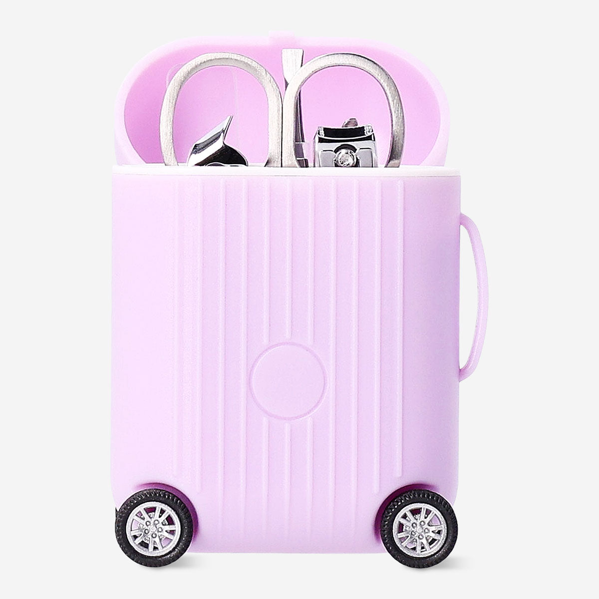 Flying Tiger Copenhagen lilac manicure and pedicure set with 6 personal care tools in a compact suitcase.