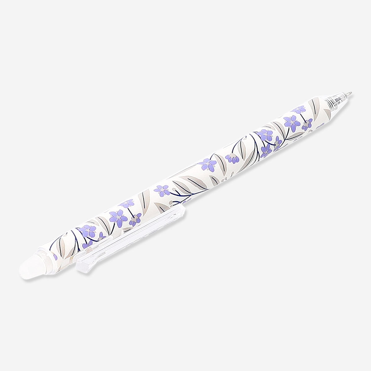 Flying Tiger Copenhagen erasable gel ink pen with purple flower design, ideal for office use, shown with purple ink and floral pattern.