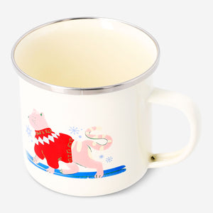 White enamel metal mug with Christmas print, 350 ml, ideal for festive kitchen use by Flying Tiger Copenhagen.