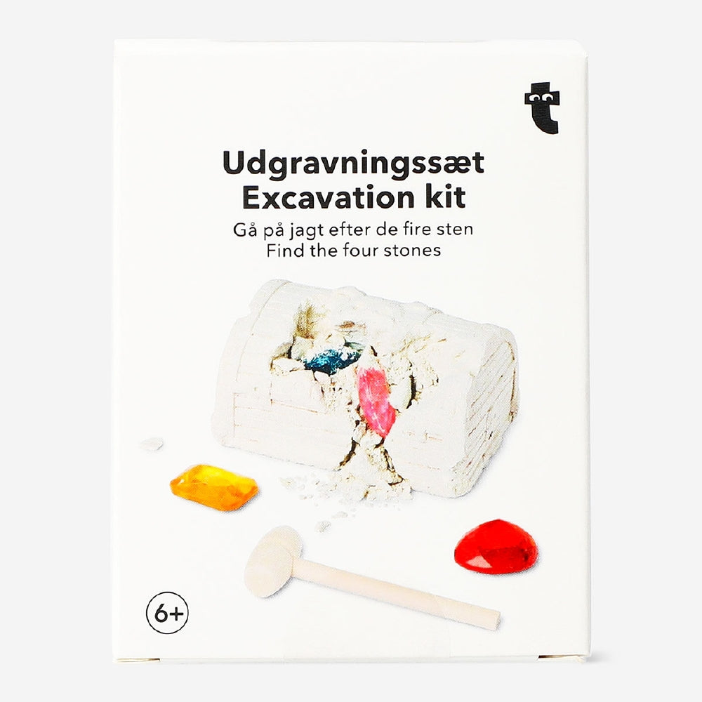 Flying Tiger Copenhagen excavation kit toy featuring a treasure chest for kids to uncover hidden treasures.