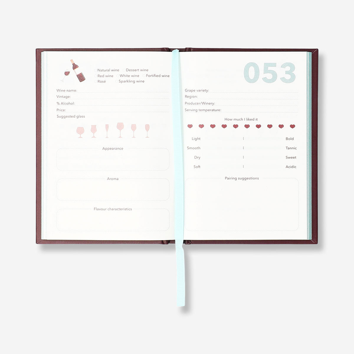 A6 Flying Tiger Copenhagen wine-tasting journal in English, featuring pages for recording wine notes, with a sleek office design.