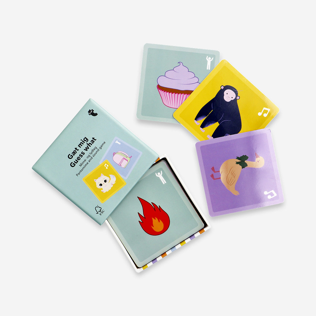 Flying Tiger Copenhagen Pantomime and Sound Game featuring colorful game pieces and a game board for family fun and entertainment.