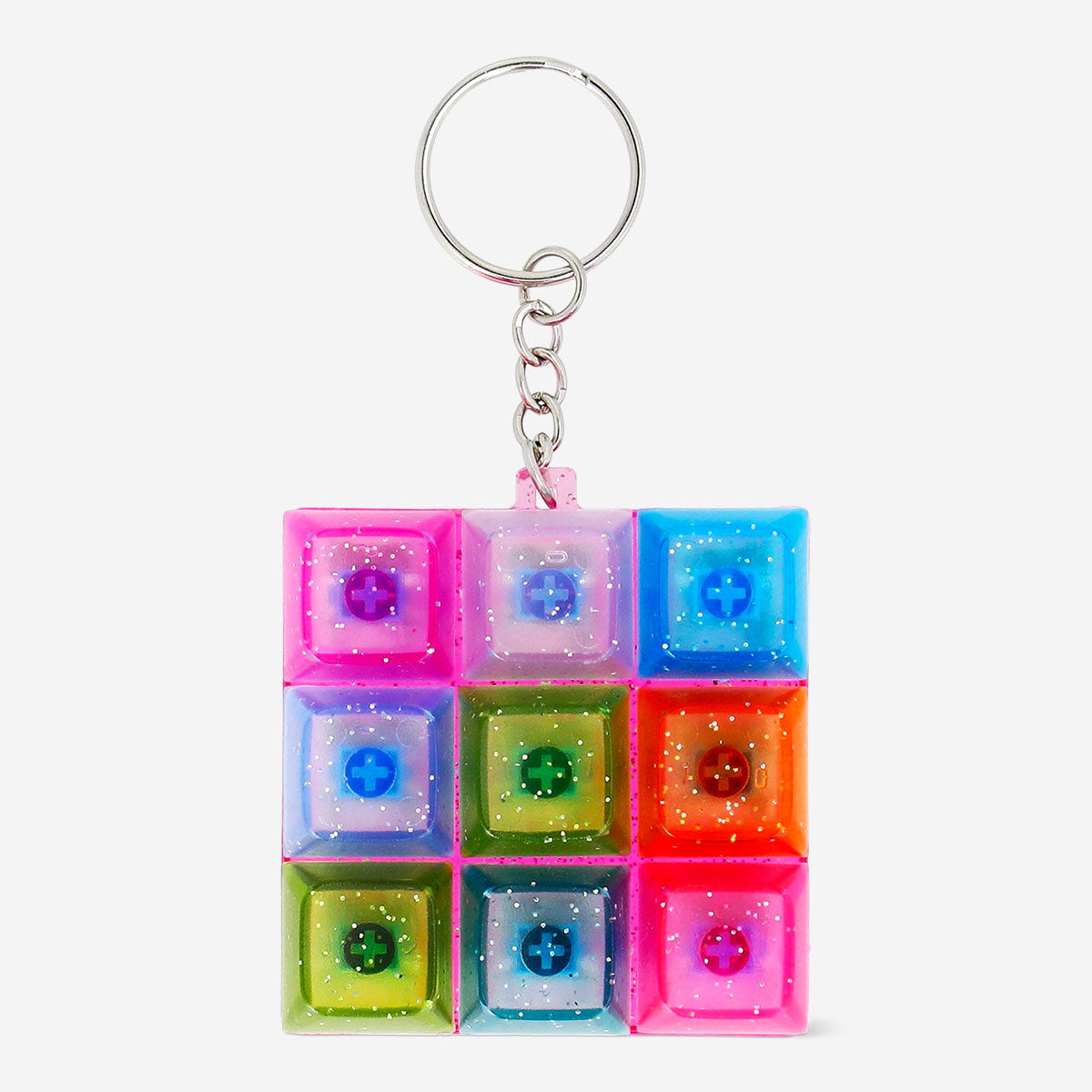 Colorful Flying Tiger Copenhagen Push Me Keyboard keyring gadget with multi-colored keys and playful design.