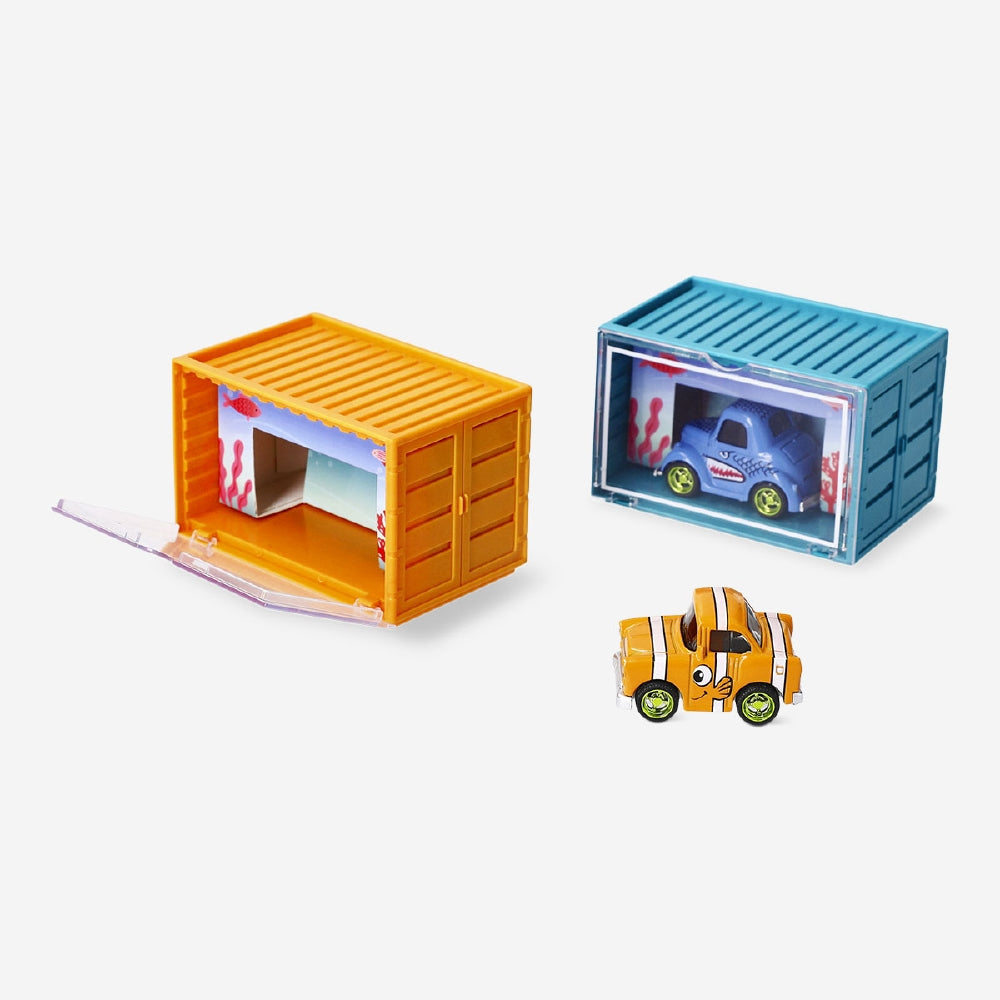 Flying Tiger Copenhagen collectable diecast toy cars in a box, featuring colorful miniature vehicles for play or display.