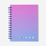 Gradient office notebook with Flying Tiger Copenhagen ballpoint pen and colorful page markers on a desk.