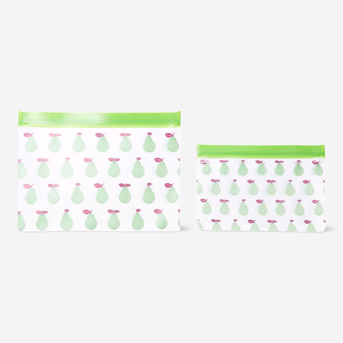 Two reusable kitchen grip seal bags with green pear design by Flying Tiger Copenhagen for storing food.
