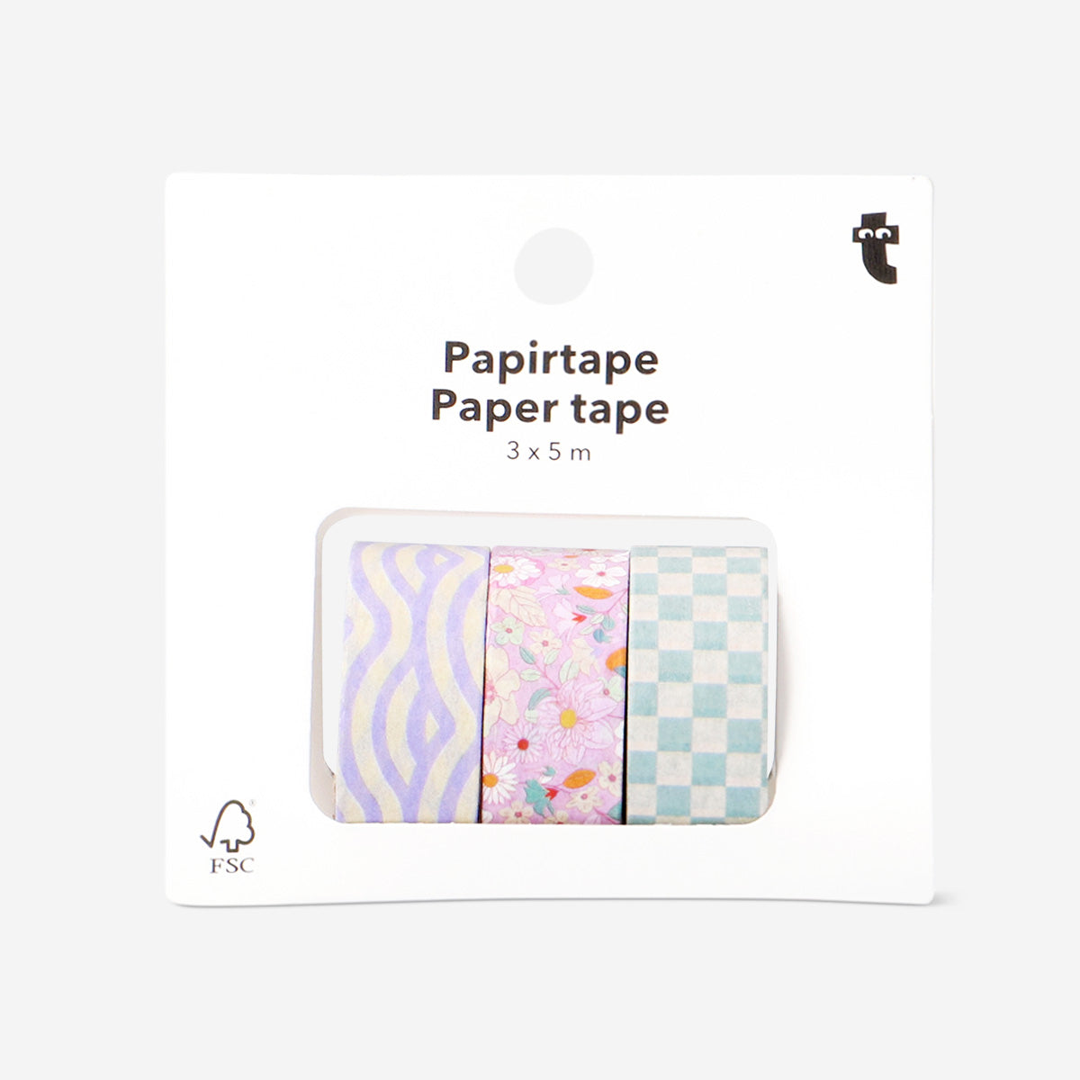 Three rolls of Flying Tiger Copenhagen hobby paper tape in various colors, suitable for crafting and decorating projects.