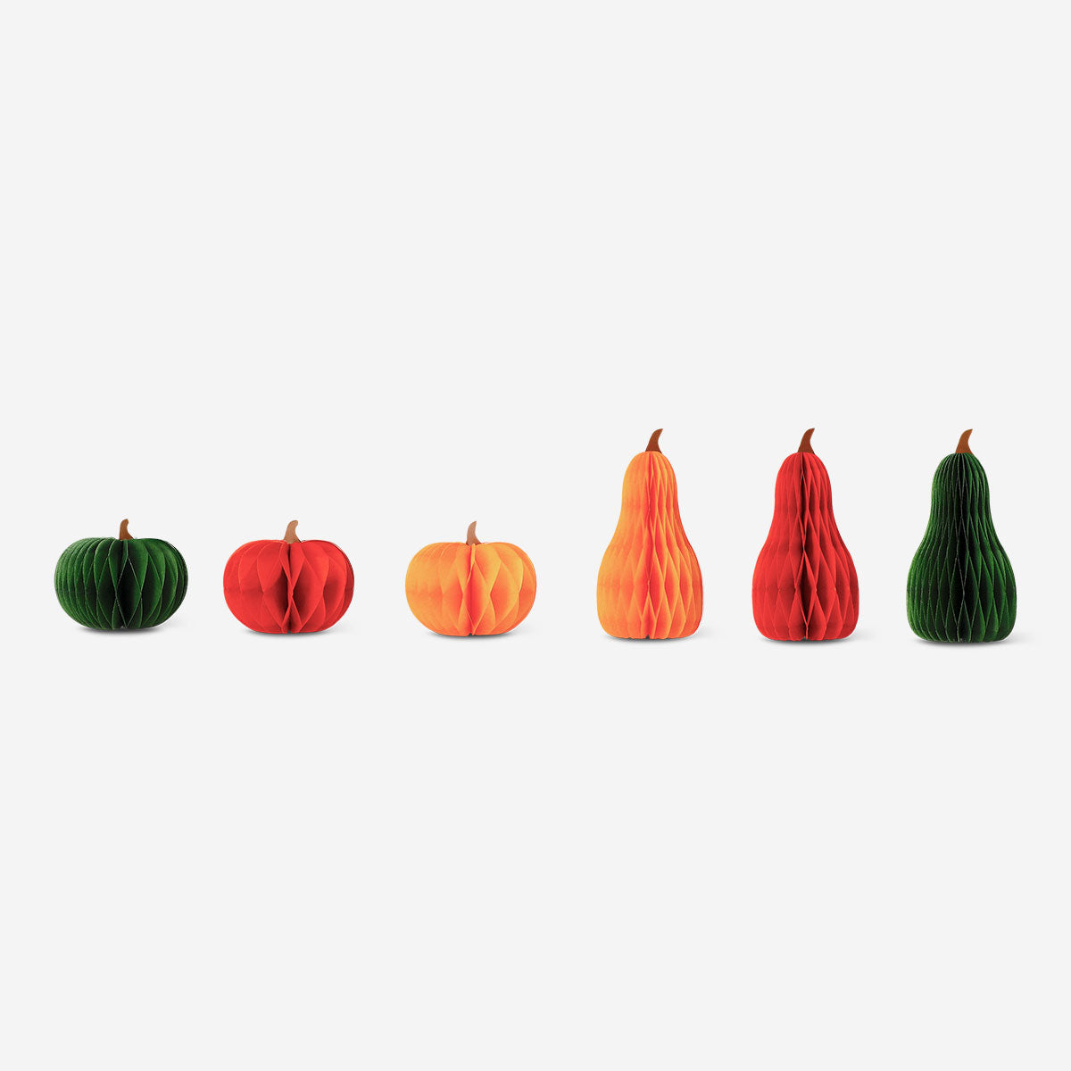 Six honeycomb paper pumpkin decorations in vibrant colors, perfect for party decor, from Flying Tiger Copenhagen.