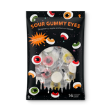 Colorful sour gummy eyeballs candy from Flying Tiger Copenhagen, with bright green and orange gummies shaped like eyeballs.
