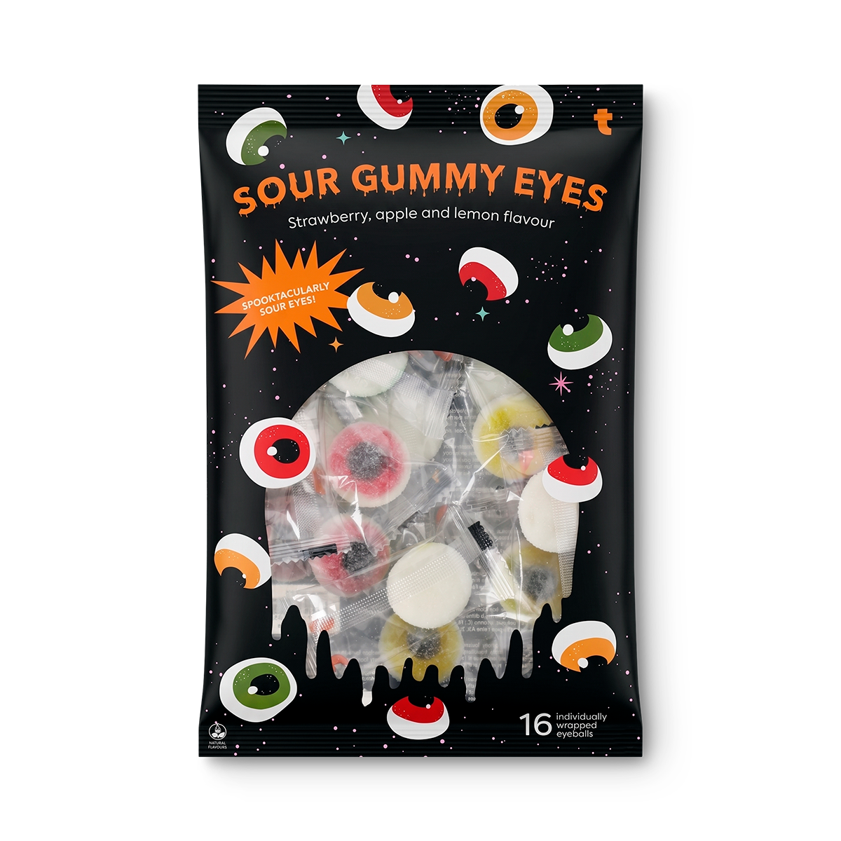 Colorful sour gummy eyeballs candy from Flying Tiger Copenhagen, with bright green and orange gummies shaped like eyeballs.