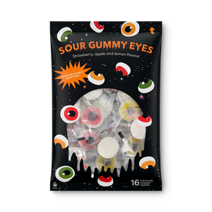 Colorful sour gummy eyeballs candy from Flying Tiger Copenhagen, with bright green and orange gummies shaped like eyeballs.