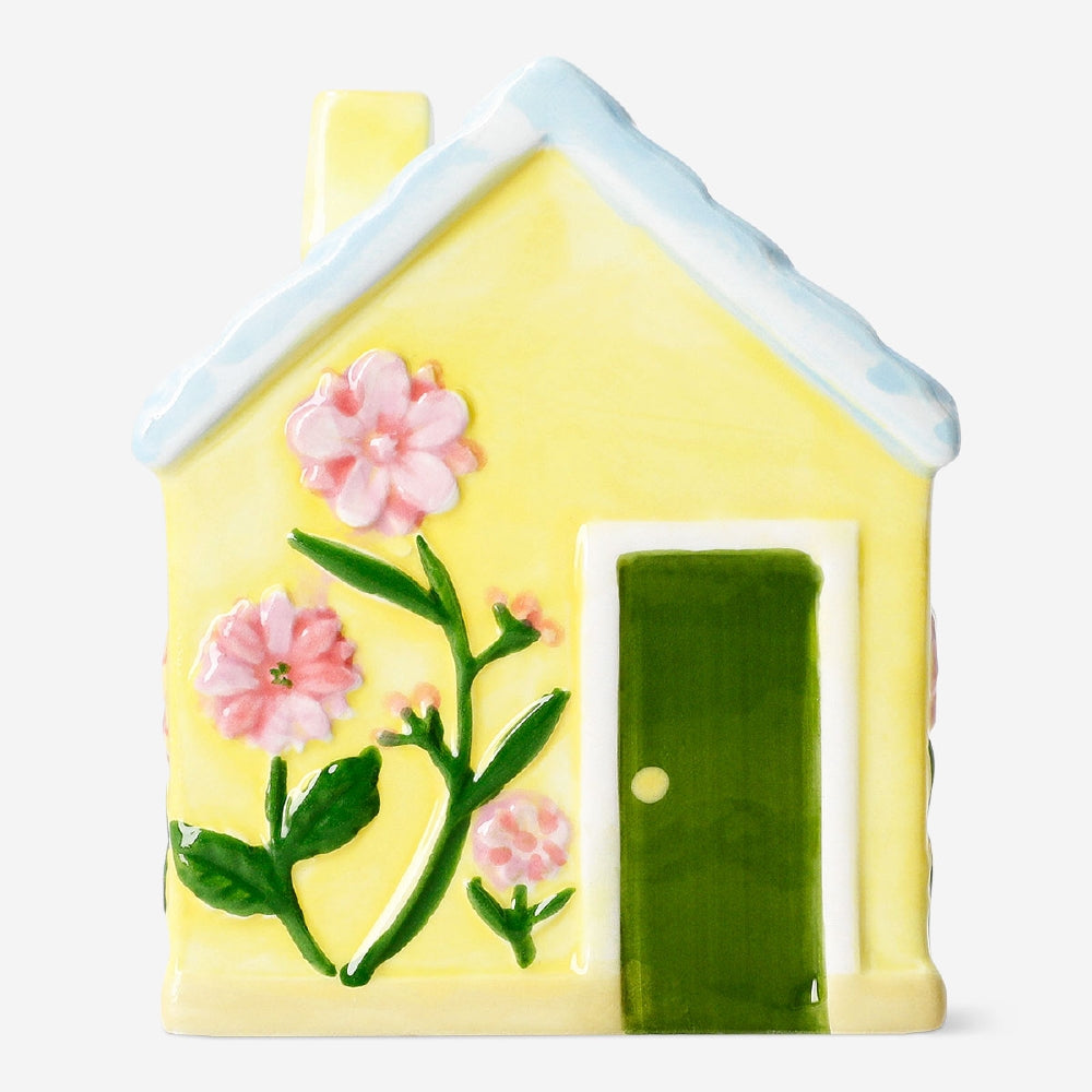 Decorative yellow ceramic house, 13 cm tall, ideal for home decor, by Flying Tiger Copenhagen.