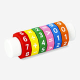 Wooden arithmetic learning toy by Flying Tiger Copenhagen showing colorful number blocks for educational play