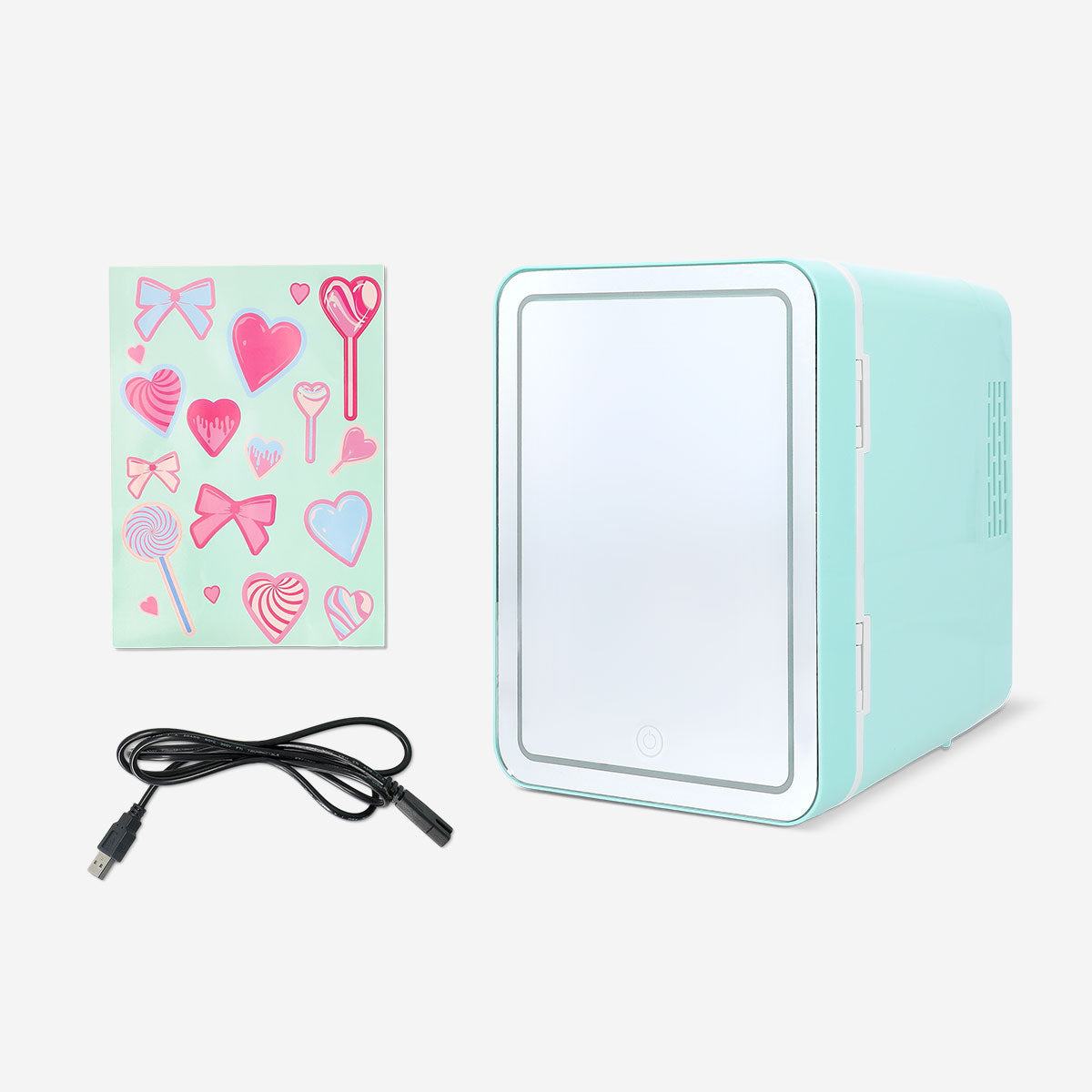 Flying Tiger Copenhagen cosmetics fridge with mirror, LED light, and colorful stickers, measuring 25x25 cm for personal care storage.